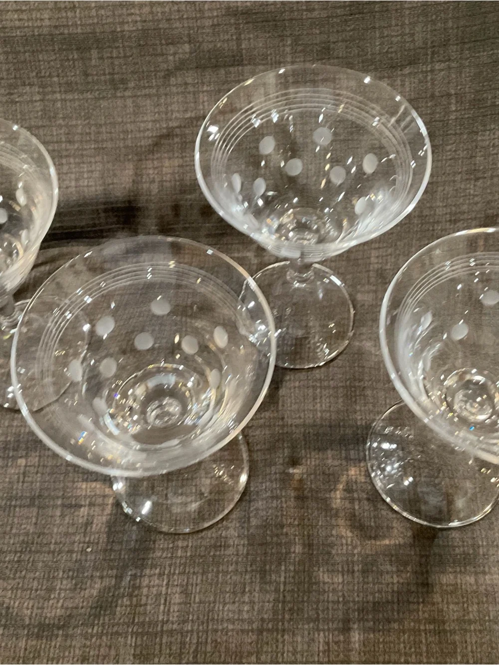 Set of 4 Clear Martini Glasses with Etched Lines & Polka Dots | Modern Cocktail